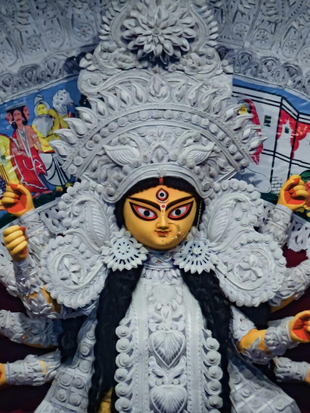 Intricate idol of Goddess Durga showcased during the vibrant Durga Puja festival in Kolkata.