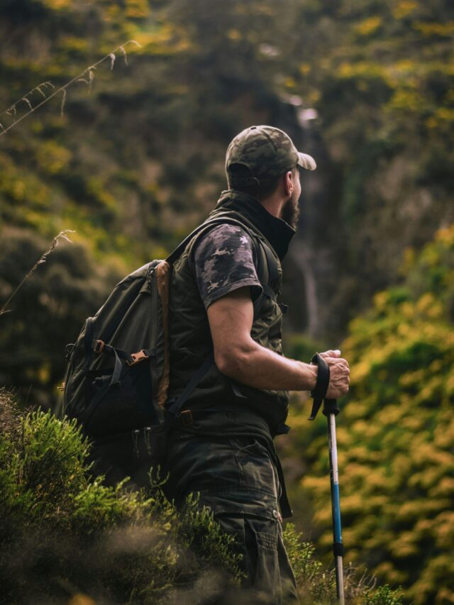 Man with hiking gear explores lush forest landscape, embodying adventure and nature.