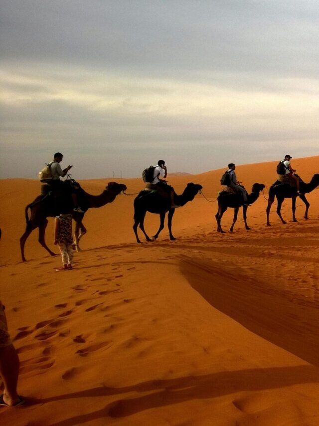 A group traveling on camels over reddish sands under a cloudy sky in a vast desert landscape.