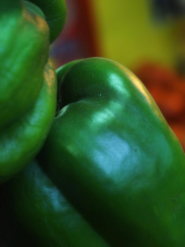 Close-up of a fresh green bell pepper with blurred background of other vegetables.