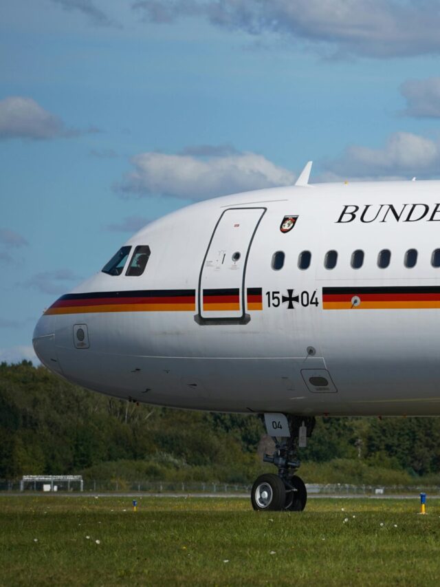 German government plane on the runway at Hamburg airport, Germany.